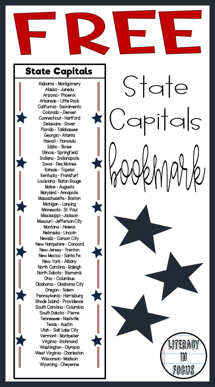 US States and Capitals Bookmark   United States  Free Printable