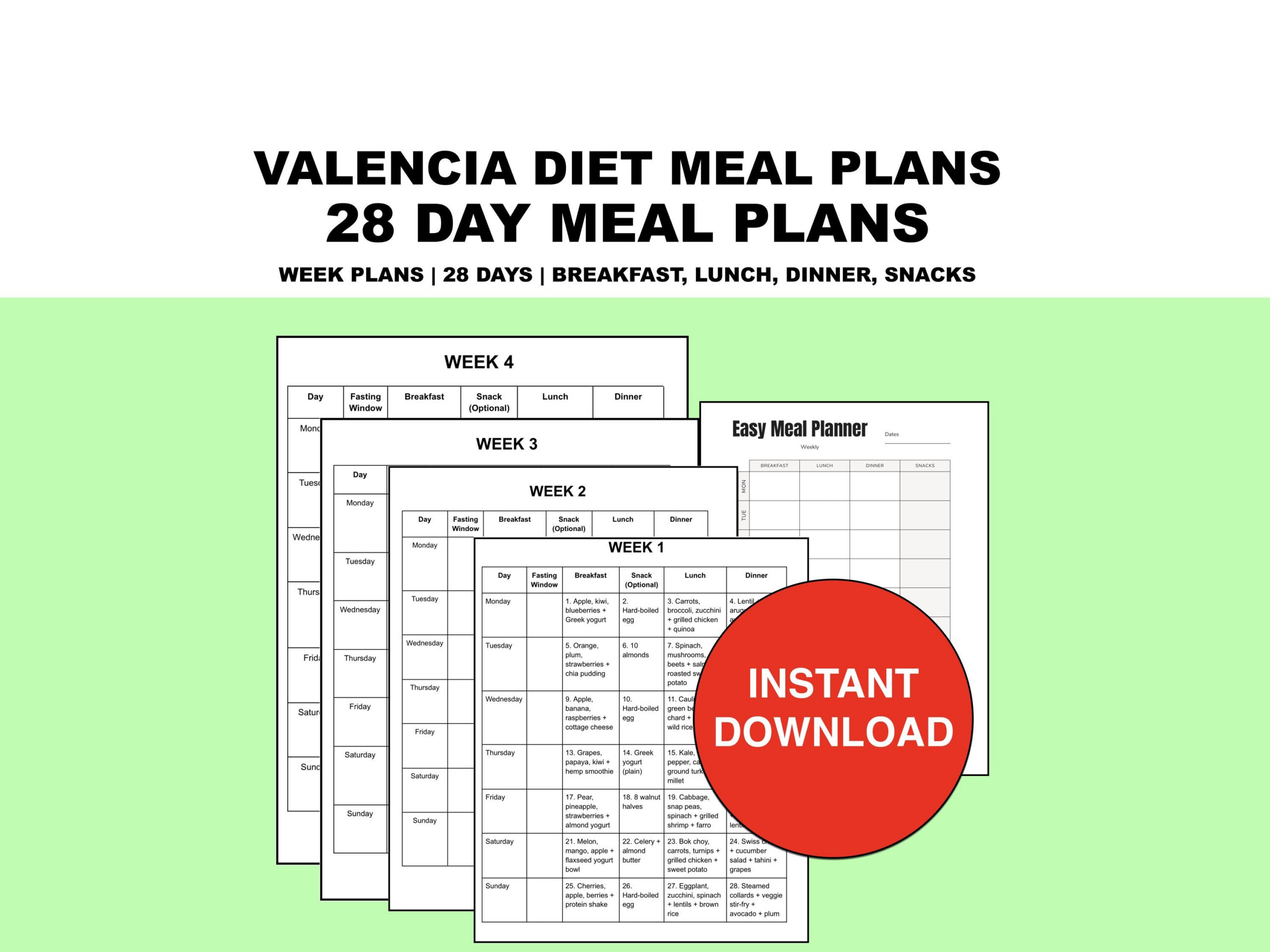 Valencia Diet Plan Printable PDF,  Day Meal Guide, Dinner Lunch