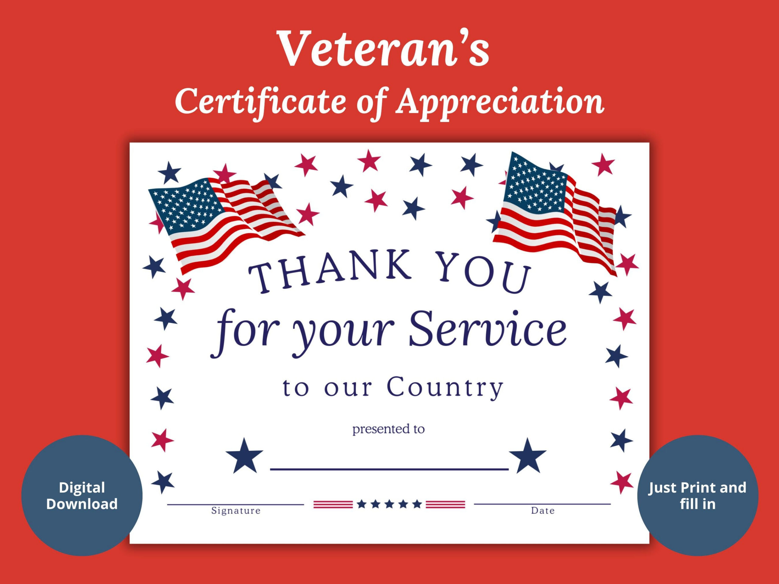 Veterans Certificate of Appreciation, Thank You for Your Service