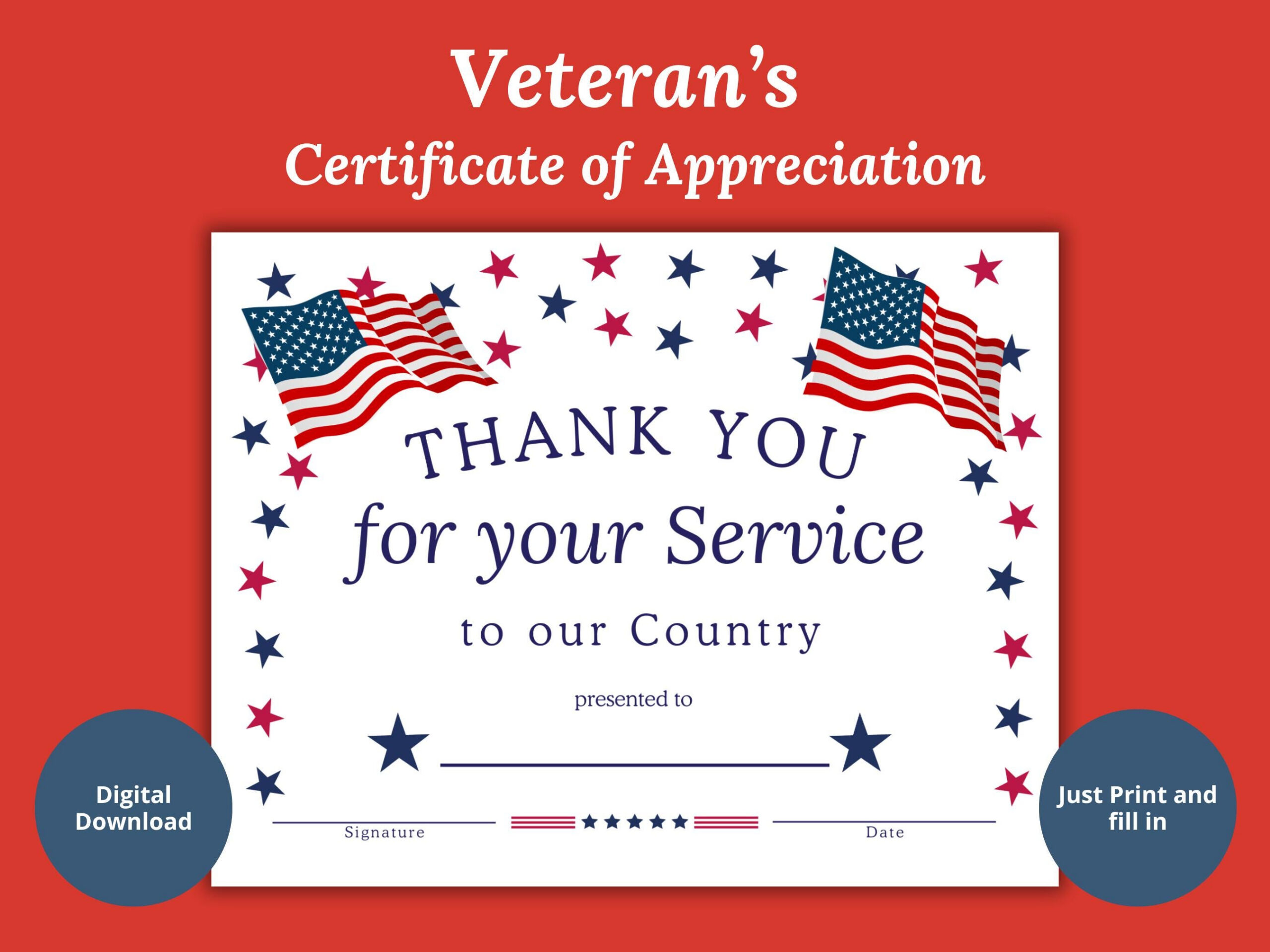 Veterans Certificate of Appreciation, Thank You for Your Service
