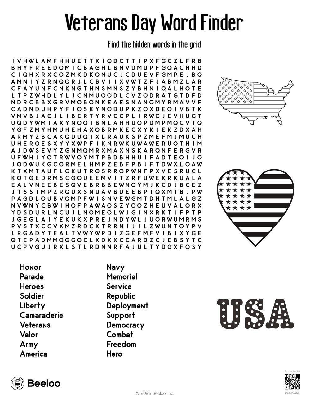 Veterans Day-themed Word Searches • Beeloo Printable Crafts and