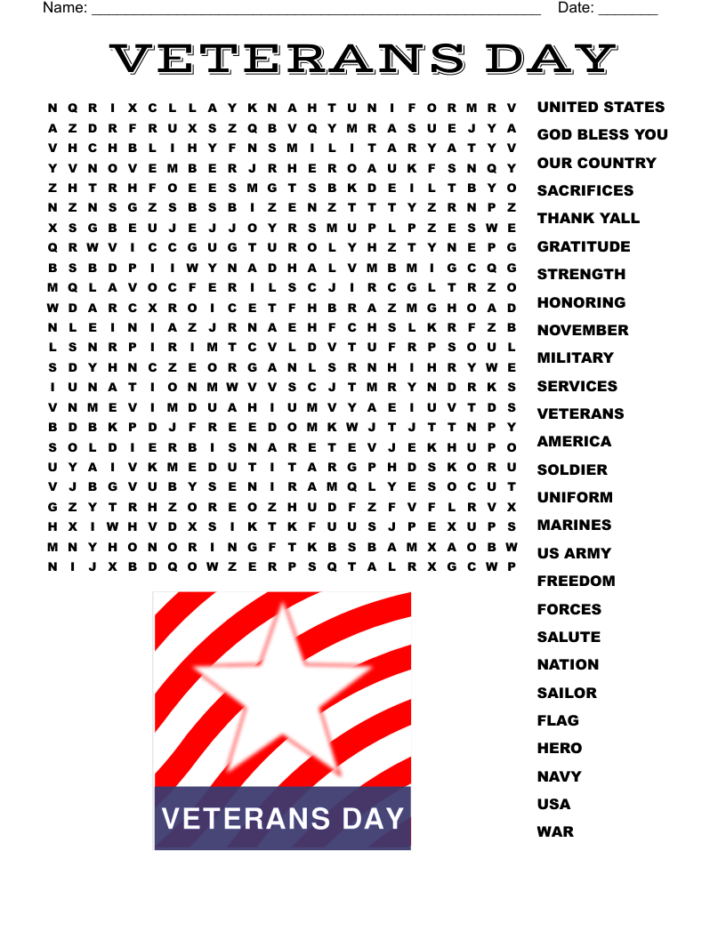 Veterans Day Word Search - WordMint