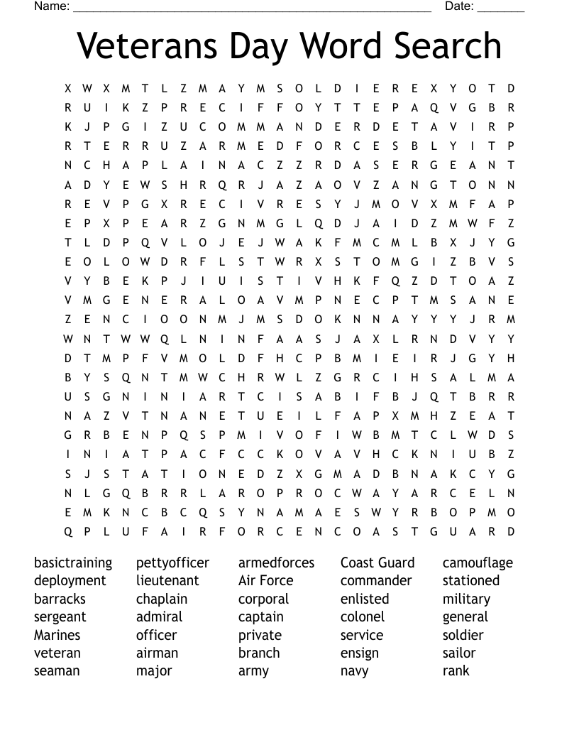 Veterans Day Word Search - WordMint
