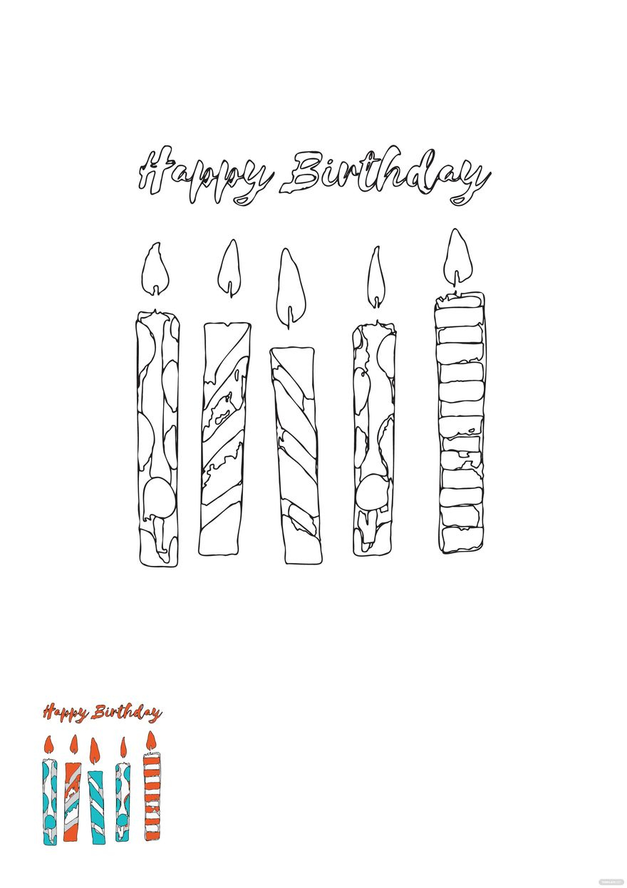 Watercolor Happy Birthday Candle Coloring Page in EPS, JPG, PDF