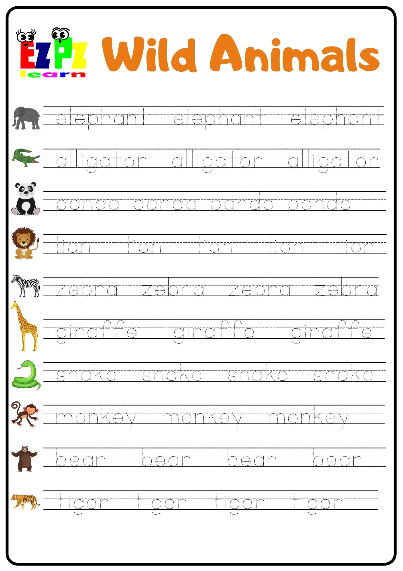Wild Animals Word Tracing Worksheet - Ezpzlearn
