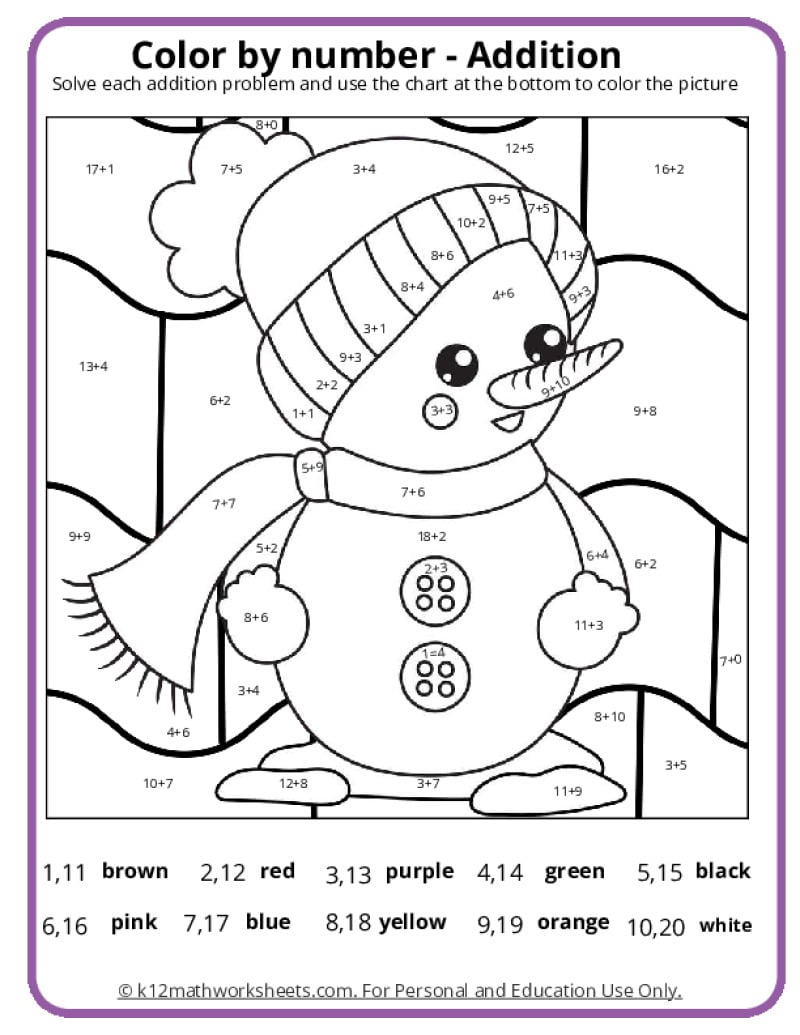 Winter Color by Number Pages - K Math Worksheets