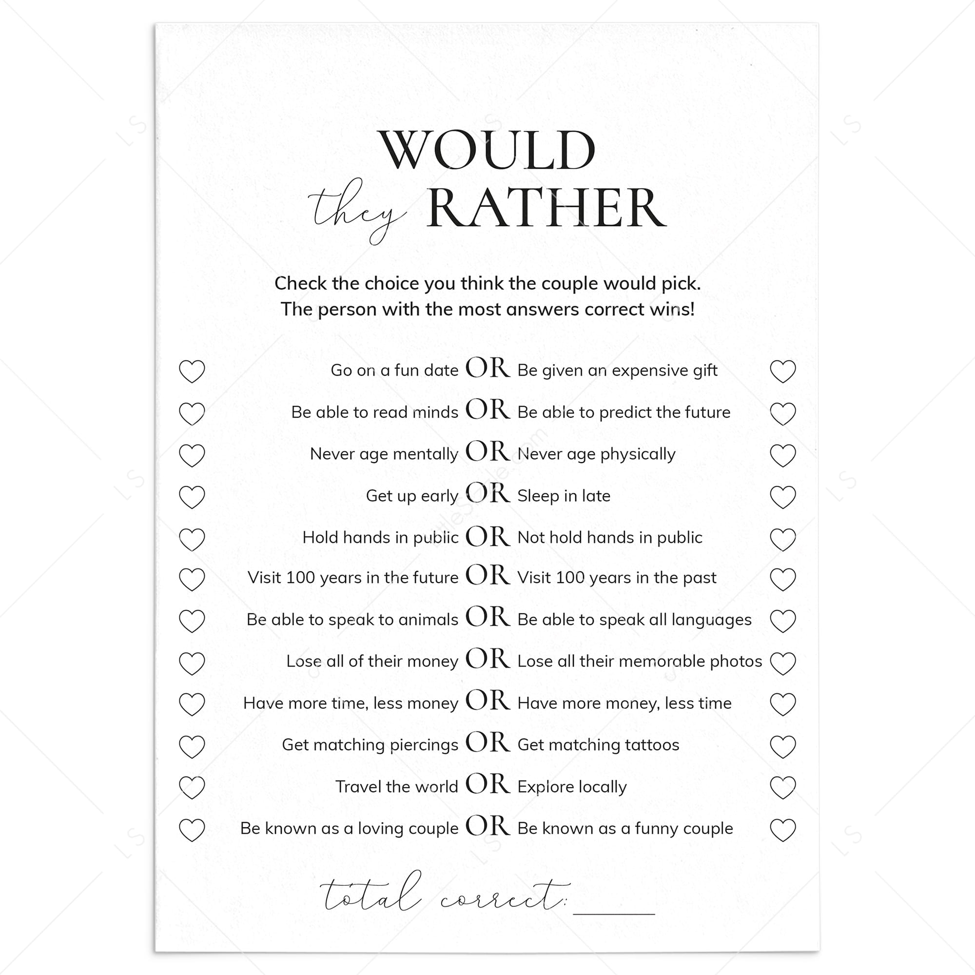 Would They Rather Engagement Party Game Printable  Instant